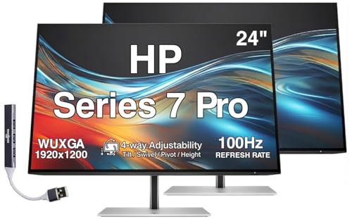 Image of HP Series 7 Pro 24 inch WUXGA USB-C Docking Monitor with Adjustable Tilt /Swivel /Pivot /Height, VESA Mount, Displayport w /DKZ Hub, Black /Silver 2 Pack