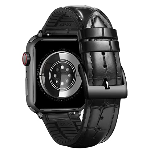 BINLUN Compatible with Apple Watch Strap 38mm 40mm 41mm 42mm Alligator PatternLeather Silicone Hybrid Replacement Band Compatible with iWatch SE Series 11/10/9/8/7/6/5/4/3/2/1,Black