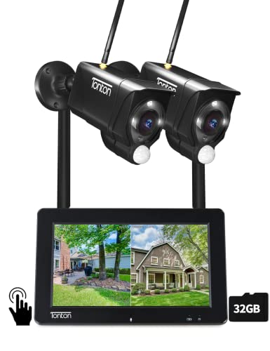 Kit caméra de Surveillance extérieur composé d'un écran Tactile (sans Fil et réseau WLAN) de 7 Pouces avec Batterie Rechargeable Incluse, et de 2 caméras 3MP sans Fil étanches (Extensible à 4)