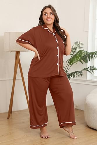 Image of Vozanet Women's Plus Size Pajamas Button Down Shirt and Pants Soft Lounge Sets Bride Nighty Bottom with Pockets 1x to 5x