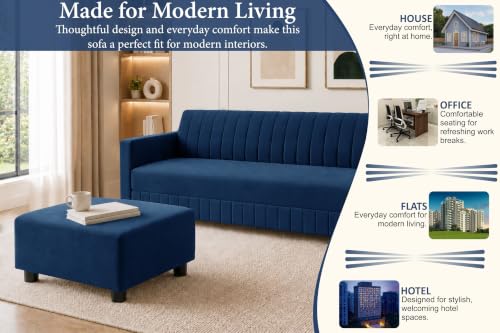 Image of Modern 3-Seater Velvet Sofa with Ottoman | Vertical Channel Tufted Backrest | Plush Cushioned Seating | Stylish Contemporary Sofa for Living Room, Bedroom & Office | Blue