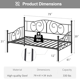VECELO Metal Daybed Frame Multifunctional Platform Bed Sofa Mattress Foundation with Classic Headboard, Twin, Black