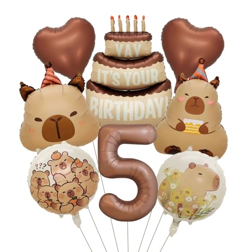 Image of Capybara Birthday Foil Balloon Set, 8-Piece Party Decor (5) | Reusable foil balloon set with capybara, cake,number . Perfect for birthday, baby shower, gender reveal & themed parties