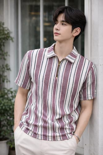 Image of London Hills Men's Loose Fit Half Sleeve Vertical Striped Polo T-Shirt with Zip Collar | Premium Polyester Fabric | T Shirt for Man | Tshirt | Shirts Men | Tshirt for Man | Men T-Shirts