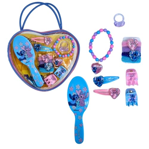 ARDITEX, Stitch, Accesorios de Belleza para Niñas, Set de Adorno para el Pelo Niñas, Perfecto Regalo Stitch Niña, Cumpleaños, 11Pz, 1 Cepillo, 2 Clips, 4 Gomas, 1 Pulsera, 1 Anillo, 2 Pinzas y Bolsita