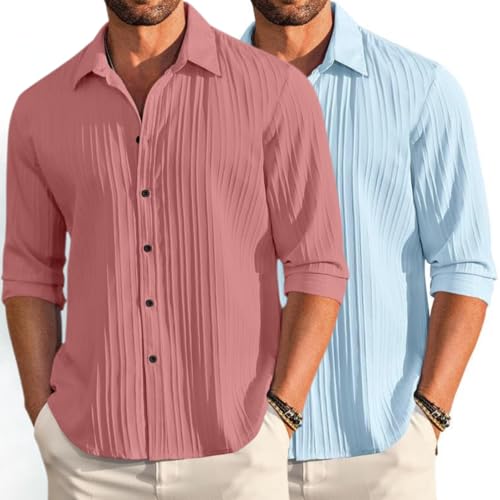 Image of FINIVO FASHION Men's Cotton Blend Shirt Set Lightweight, Full Sleeves, Plain Texture, Button Closure, Summer Ready (Pack of 2)