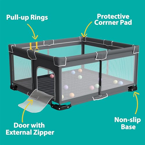 Foldable Playpen for Babies and Toddlers, 59x71 Inches Portable Playpen, Kids Collapsible Play Pen with 2 Handlers, Indoor & Outdoor Baby Fence Play Area with Visible Mesh, Dark Gray