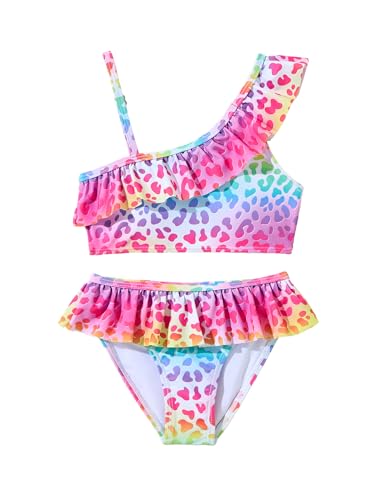 Kdwdvbn 2 Pieces Girls Swimsuit, Cute Summer Colorful Patterns Bathing Suits for Teen Girls Swimwear, Rainbow Pink, 4-5 Years