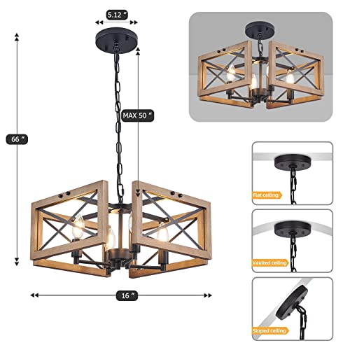 Doltoro 4-Light Farmhouse Chandeliers For Dining Room, Rustic Pendant Lights Kitchen Island Adjustable Chain Industrial E12 Hanging Lantern Fixture For Living Room Bedroom Foyer Entry (Antique Wood) #TOP3