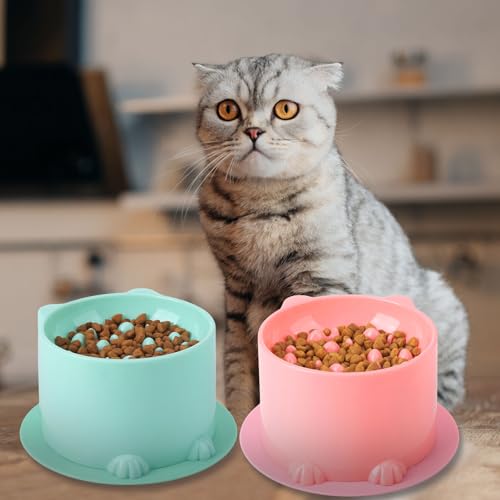 2Stück Anti Schling Napf Katze Erhöht, Antischlingnapf Mit Anti Rutsch Matte für Katzen und Kleine Hunde, Slow Feeder für Nassfutter