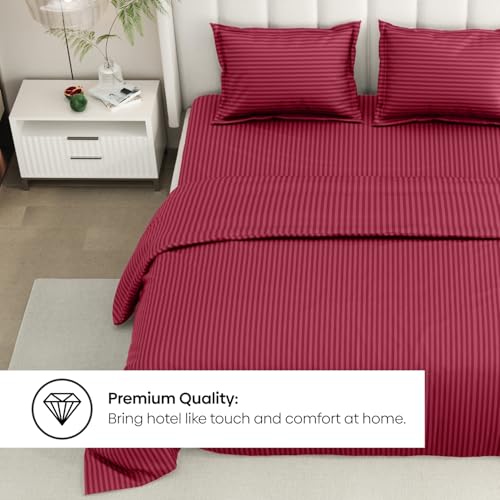 Image of Rivermoor Ultrasoft Bedsheet for Double Bed | Queen Size Bed Sheet with 2 Pillow Covers | Maroon Satin Stripe | 90 x 98 Inches | Breathable & Hypoallergenic