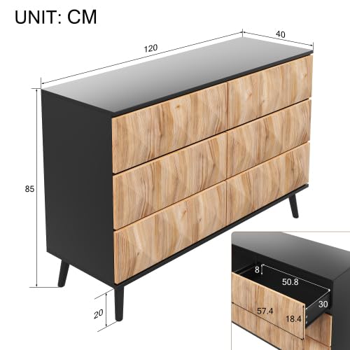 vutizal Cassettiera 120 cm con 6 cassetti, credenza in stile industriale con struttura in metallo, effetto legno nero, per camera da letto, soggiorno e corridoio