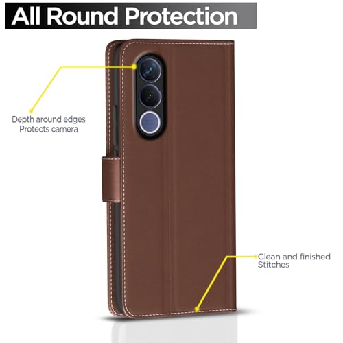 Image of Pikkme Flip Cover for Vivo V70 FE 5G | Leather Finish | Wallet Stand and Shock Proof | Complete Protection Flip Case (Tan)