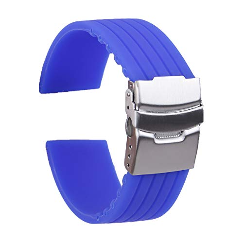 CURE(キュア) 時計ベルト 時計バンド 22mm バネ棒付属 シリコン ブルー バックル シルバー 三つ折れ プッシュ式 ダブルロック 交換ベルト