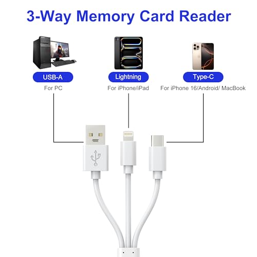 XD Card Reader, 3-in-1 SD/TF/XD Card Adapter - Lightning + USB A + USB C SD Card Reader Plug & Play, OTG Memory Card Reader for iPhone 17/16/15/14/iPad/PC/Android - Thumbnail 3