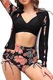 SHEKINI Frauen 3-teilige Rash Guard Badeanzüge mit Twist Front Bikini Top mit Kordelzug Hohe Taille Short (Schwarz+Orange Blume, Small)