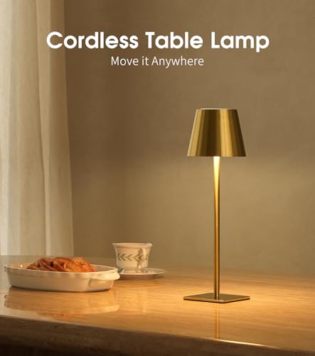 Image of UME Cordless Table Lamp, Battery Operated Lamp - Portable Waterproof Rechargeable Table Lamp w / 3 Color Temps & Stepless Dimming for Dinner, Desk, Cafe, Outdoor (Brushed Gold)