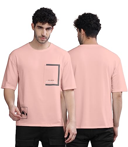 Image of BULLMER Peach Trendy Front Printed oversized Round Neck T-shirt for men