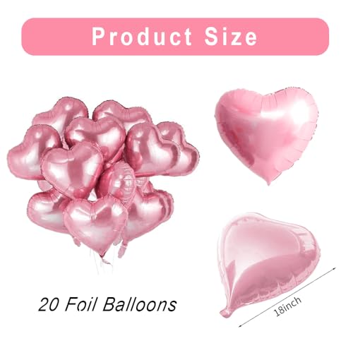 wrovitik 20 pcs 18inch Pink Heart Balloons, Heart shaped Balloons Foil Love Balloons for Birthday Va