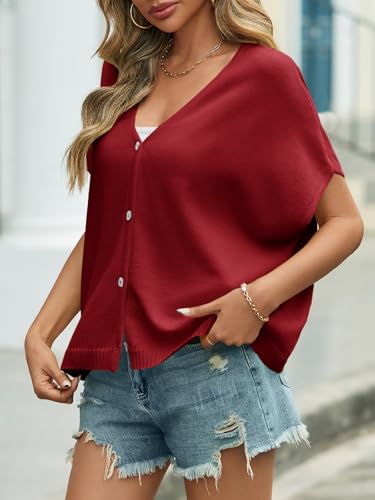 Image of Saodimallsu Womens Summer Oversized Cardigans Batwing Short Sleeve Lightweight Button V Neck Casual Knit Sweater Tops