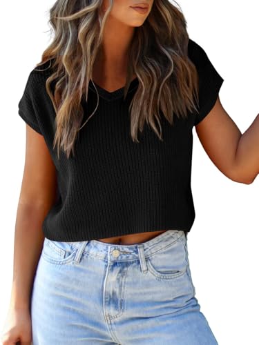 Image of LCXWFE Womens Summer Cropped Sweater Vest Trendy Cap Sleeve Crop Tops Crew Neck Loose Knit Tank Top