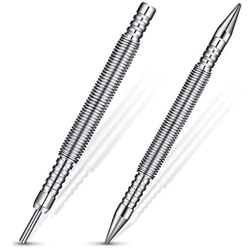 2Pcs Spring Center Punch Hammerless Double Head Nail Setter Spring Loaded High Carbon Steel Nail Punch Narrow Space Door Hinge Pin Remover Tool for Woodworking(Double pointed head + flat head)