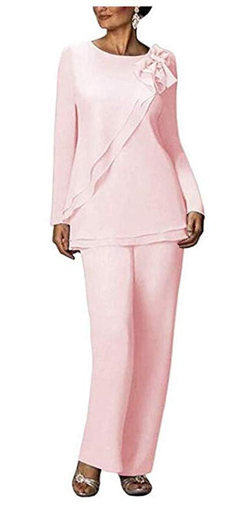 Leader of the Beauty Women's Two Pieces Outfit Wedding Formal Gowns Chiffon Pants Suits for Mother of The Bride Plus Size 18 Pink