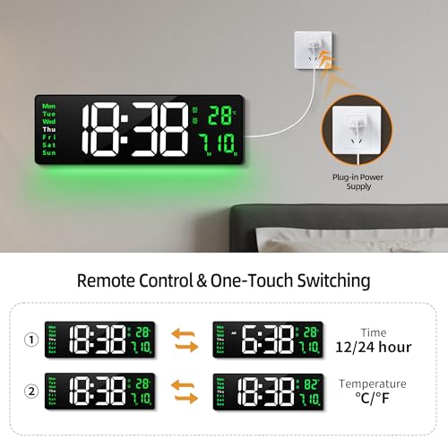 Image of Maxstar 16 inch Digital Wall Clock with Remote, 2 Alarms, DST, Date, Week, Dimmer,Large Digital Clock With Temperatur,Jumbo Number,LED Display,Night Light for Living Room,Kitchen,Garage,Gym,Desk (Green)