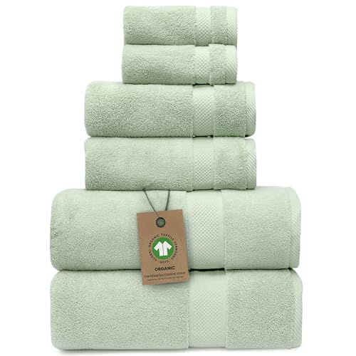 100% Organic Zero-Twist Cotton Towels - GOTS Certified Luxury Bath Towels - Ultra Soft & Plush 700GSM Long-Staple Cotton - 6 Piece Towel Set (Eucalyptus Green)