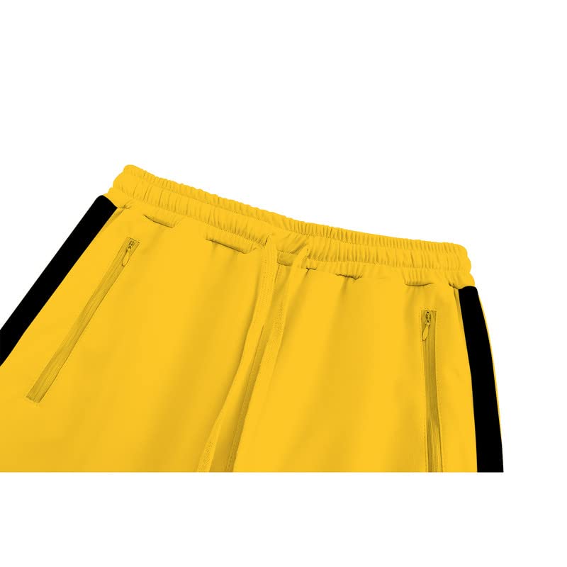 Męski dres na co dzień, kontrastowe paski, zamek błyskawiczny, spodnie sportowe, spodnie do biegania, na siłownię, odzież sportowa, 2-częściowy, z kieszeniami na zamek błyskawiczny, ŻÓŁTY, S