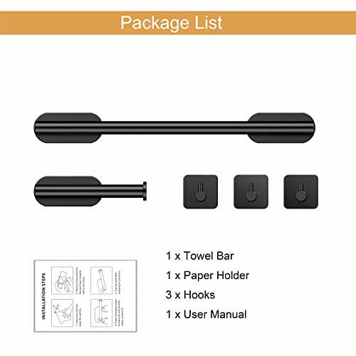 Self Adhesive Towel Bar，Toogond 5-Pieces Matte Black Bathroom Hardware Set Sus304 Stainless Steel Round Wall Mounted - Includes 16-Inch Bath Towel Bar,Toilet Paper Holder & 3 Packs Towel Hooks #TOP5