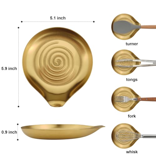 Image of VanlonPro Stainless Steel Spoon Rest, Spatula Ladle Holder, Stainless Steel Utensil Spoon Rest Holder, Brushed Finish, Dishwasher Safe 5.9 x 5.1 Inch (Round Swril Gold 1PC)