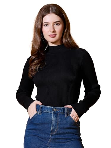 Image of 98 Degree Women Pure Cotton High Neck Sweater Has A Full Sleeve & Straight Hem-AW25AZG1136-BLACK