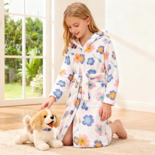 Image of Girls Fleece Hooded Robes Kids Warm Bath Robe for Girls Soft Fuzzy Bathrobe