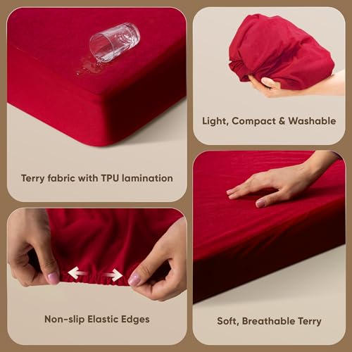 Image of Frido Waterproof Mattress Protector Single Size with 100% Spill-Proof TPU Membrane, Breathable Anti-Allergen Terry Fabric, Machine Washable, Bed Protector Cover (Deep Maroon, 78 Inches X 36 Inches)