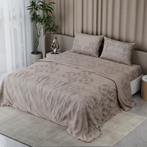 Image of BLISSHOME Everlast 150TC King Size Printed Bedsheet with 2 Pillow Covers for Double Bed, Aesthetic Bedding, Wrinkle Resistant, 100+ Wash Durable, Quick Dry, Ornate Design - Champagne (228cm x 274cm)