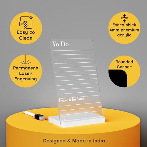 Image of 3 Lines to Do List Acrylic Board for Desk (12X8 CM)| Best Planner & Organiser | White Acrylic Base | with Marker & Cleaning Fabric | to DO Priorities Translucent | Small Size