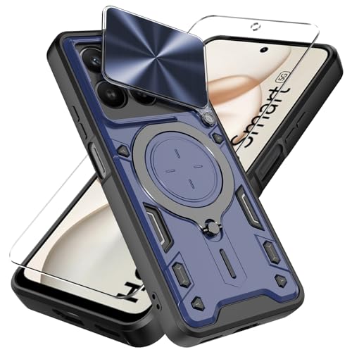 KJYLPO Coque pour Honor 400 Smart 5G avec 1*Verre Trempé,avec Couvercle Coulissant de Caméra Dur Anti-Chut Renforcée 360 Rotatif Militaire Armor Heavy Duty Antichoc Bumper Housse -Bleu