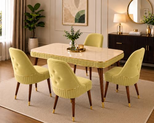 Image of WOODEN SPACE Majestic 4 Seater Wooden Dining Table Set | Urban Marble Top Dining Table with Chairs for Dining Room & Kitchen (Light Green Modern Grand Aura) (54 x 36 x 30 inch)