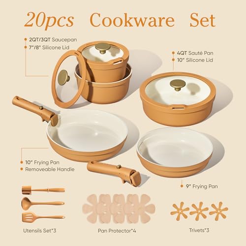 Image of Carote 20pcs Ceramic Cookware Set with Detachable Handles, Pots and Pans Set Non Stick, RV Kitchen Cooking Pot and Pan, Dishwasher Safe, Non-toxic Induction Cookware PFAS and PFOA Free,Orange