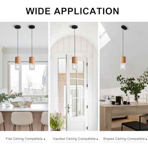 Image of 2-Pack Modern Pendant Lights for Kitchen Island, Adjustable Pendant Light Fixtures with Raw Wood Grain, Industrial Clear Glass Pendant Lights for Dining Table Hallway Bedroom Living Room