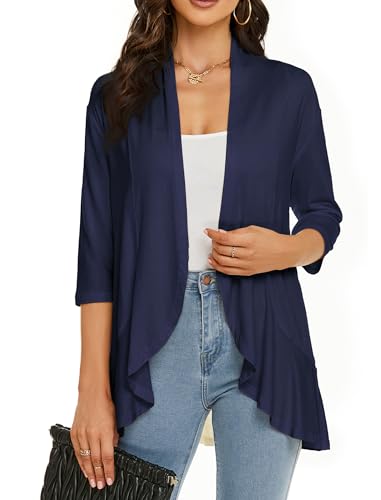 Image of YnimioAOX Women's Cardigan Lightweight Open Front 3 /4 Sleeves Draped Ruffles Knit Cardigan Sweaters