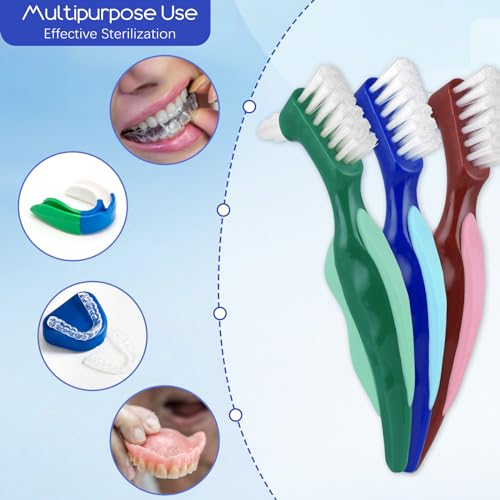 Harte Prothesenbürste 3 Stück Premium Hygiene Prothesenreinigungsbürste Doppelseitige Zahnbürste Mit Mehrschichtigen Borsten Rutschfestem Gummigriff für Die Reinigung Falscher Zähne (Rot Grün Blau)