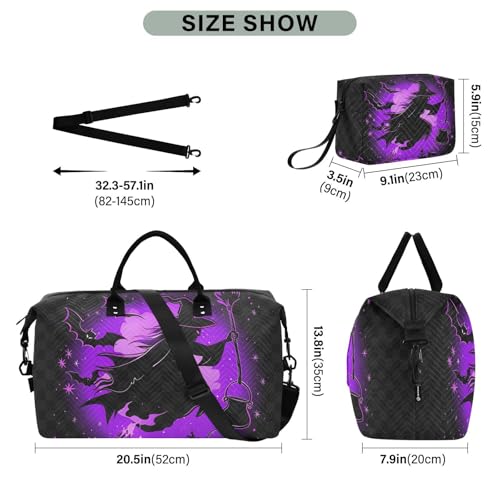 Duffel Bag for Traveling, Halloween Purple Witch Bat Gym Bags with Multiple Interior Pockets for Women Men Toiletry Purse Included 20.5”x 1.9” x 13.8”3