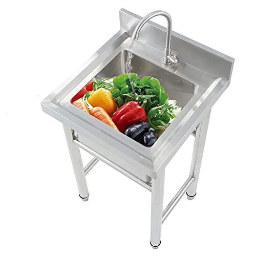 Single Bowl Standing Bathroom Sink, 304 Stainless Steel Kitchen Sink, For Indoor Outdoor Restaurant Bar Single Bowl Square Basin Sinks With Backsplash Drainboard Faucet #TOP1