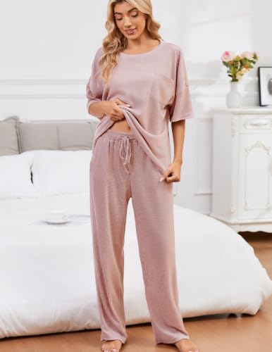 Image of JiniGolla Womens Pajama Sets Waffle Knit Short Sleeve Shirt with Long Pajama Pants Soft Sleepwear Pj Lounge Sets