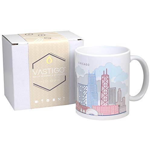 Vastigo 11 Oz. Ceramic Mug with Top Cities in America | Full-Color Sublimated Design | Comes in Gift Box (Chicago)