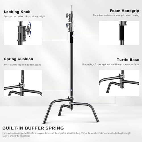 Heavy Duty C Stand 6.9ft/210cm with Holding Arm Sandbag Grip Head Stainless Steel Photography Light Stand C-Stand Sturdy for Photography Studio Video Monolight Softbox Shooting (Black) - Thumbnail 6