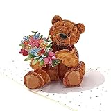 Niumcraft Pop Up Greeting Card Teddy Bear Hold Bouquet Flower Gift Cartoon Animals Flower Birthday Thank You Present for Kid Mom Dad Family Friend Holiday