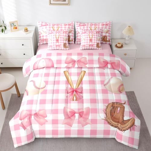 Image of Baseball Bowknot Queen Bedding Sets Pink Checkered Patchwork Grid Comforter Set Watercolor Girly Bow Romantic Dreamy All Season Comforter Flat&Fitted Sheet 2 Pillowcases 2 Throw Pillow Covers,7 Pcs